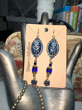 Polymer clay Handcrafted Navy Blue and Gold Dangle Earrings by